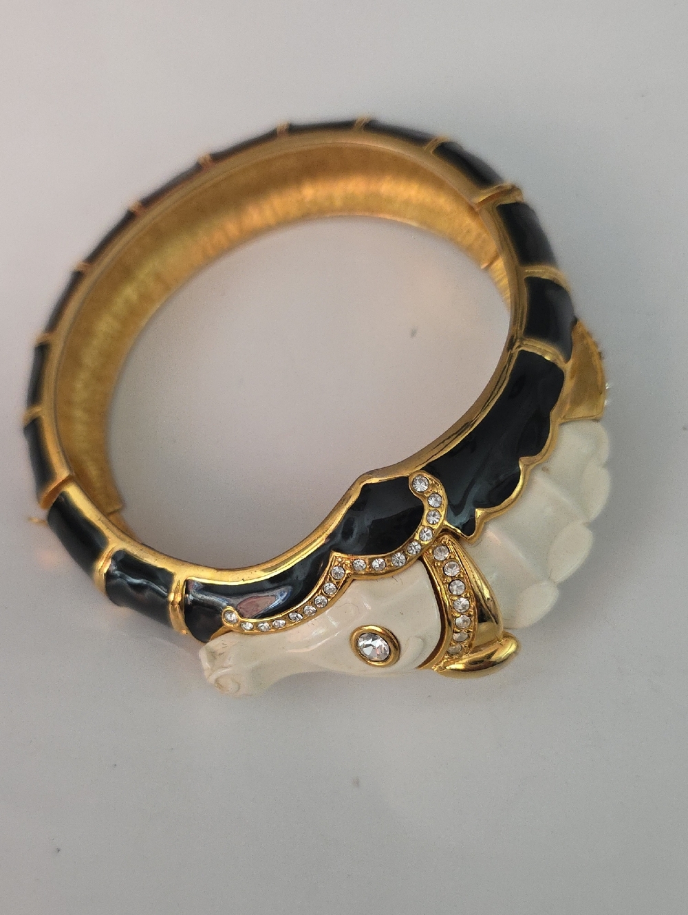 Vintage Kenneth Jay Lane KJL Seahorse Bracelet Clear Stone Black White Enamel